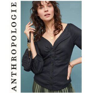 Maeve by Anthropologie Black Ruched Button-Down Blouse with 3/4 Sleeve Size 6